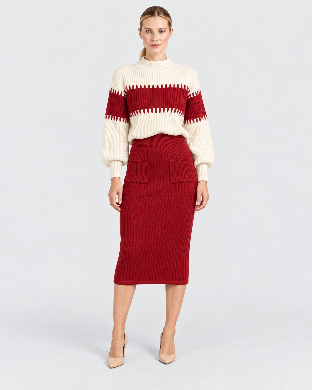 Luna Moda Magda two-piece set featuring a cream and red striped high-neck sweater and a matching red ribbed midi skirt.