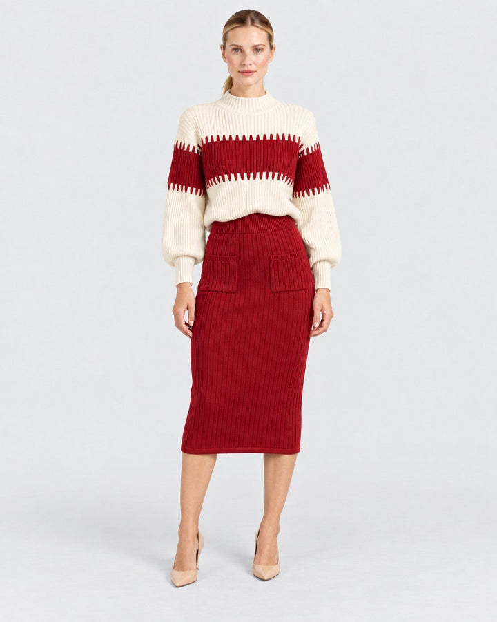 Luna Moda Magda two-piece set featuring a cream and red striped high-neck sweater and a matching red ribbed midi skirt.