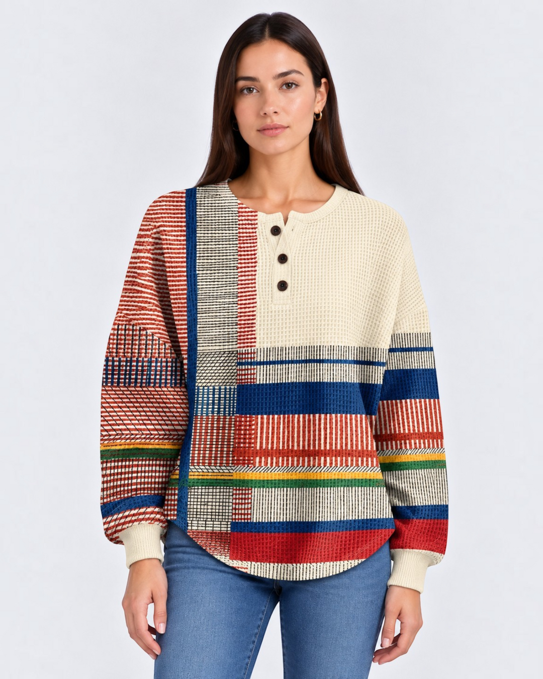 Luna Moda Marcella waffle knit Henley sweater with a multi-colored block stripe pattern and button-up neckline.