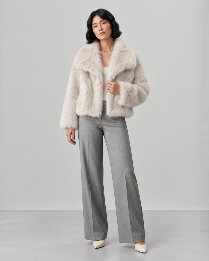 Luna Moda Margherita cream faux fur jacket with a wide collar worn by a model with grey trousers