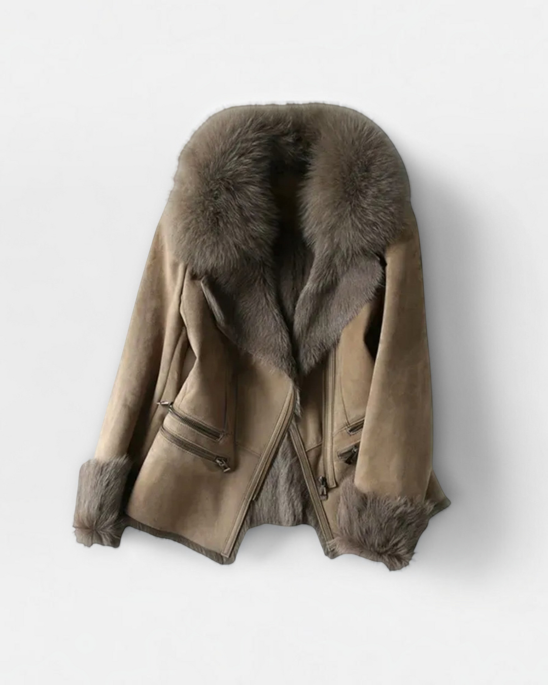 Luna Moda beige lambskin coat with a luxurious fur collar and cuffs, featuring a modern zip-up design.