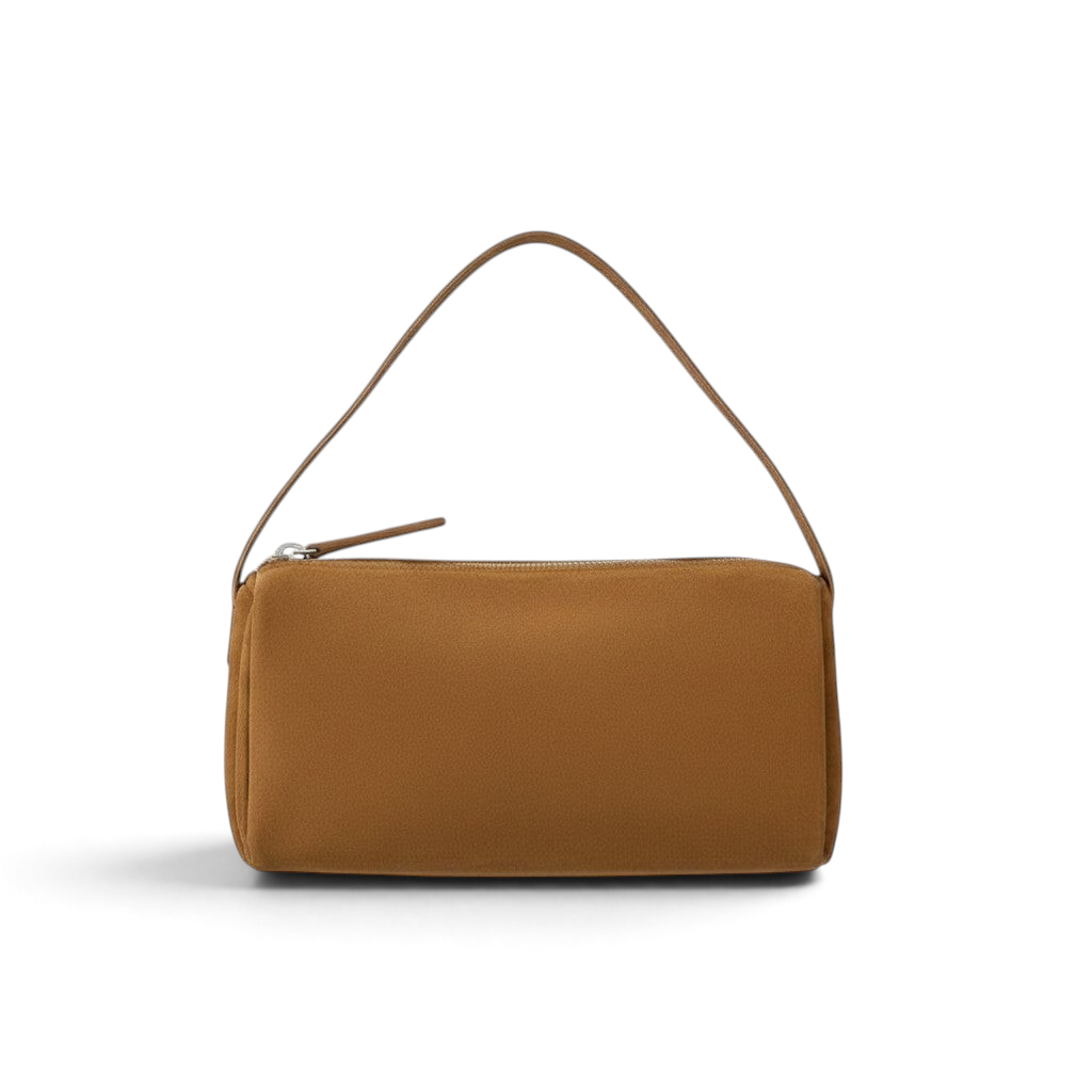 Luna Moda Marisa brown suede shoulder bag with a minimalist rectangular silhouette and top zipper closure.