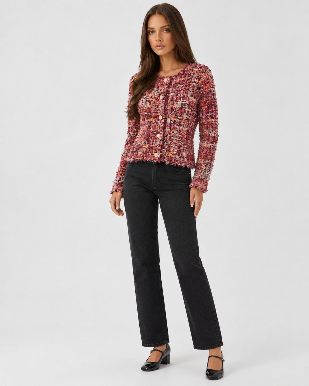 Luna Moda Matilde cropped bouclé cardigan in multi-tonal red with gold vintage buttons and frayed edges on a model