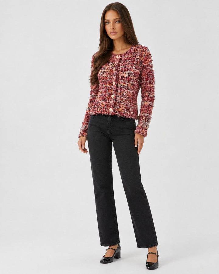 Luna Moda Matilde cropped bouclé cardigan in multi-tonal red with gold vintage buttons and frayed edges on a model