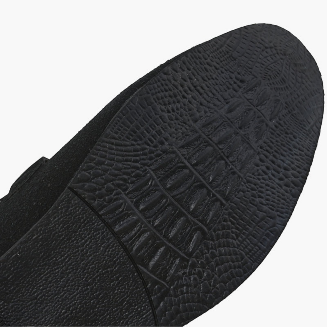 Luna Moda MILO black suede calfskin loafer with textured crocodile-patterned rubber sole detail