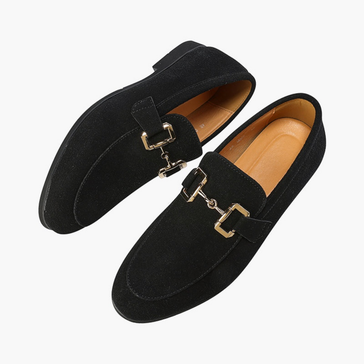 Luna Moda MILO black suede calfskin loafers with gold-tone metal horsebit detail and leather insole