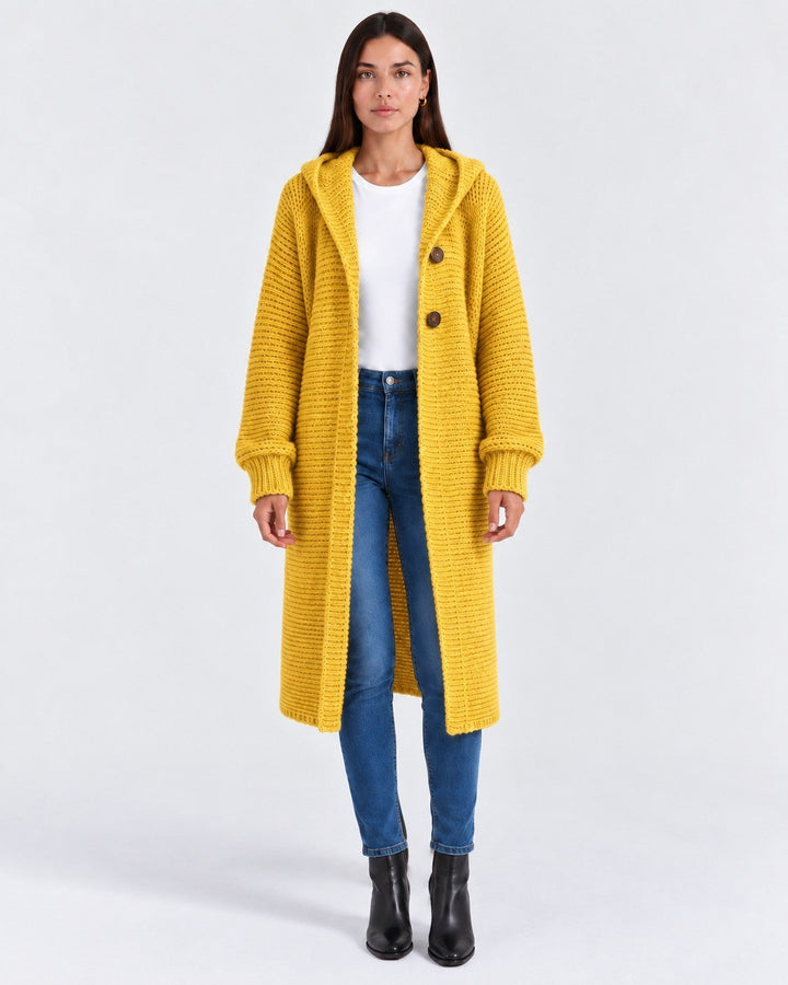 Noemi – Cardigan lungo con cappuccio in senape | Luna Moda