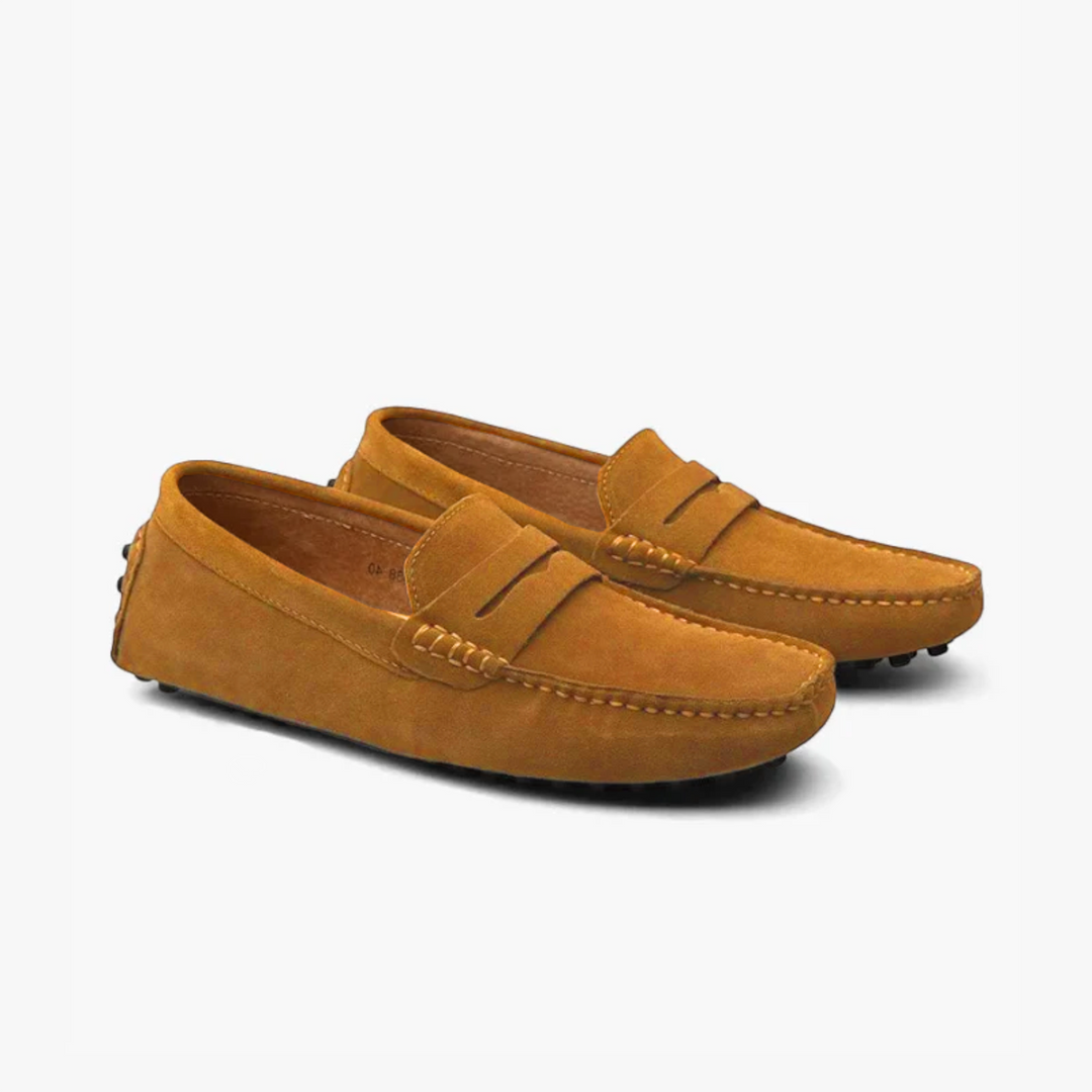 Luna Moda Leone mustard yellow suede leather loafers with classic penny strap design and stitched detailing.