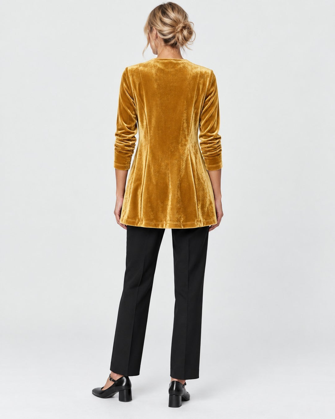 Luna Moda Donatella velvet blazer in mustard yellow, back view, featuring long sleeves and a tailored fit.