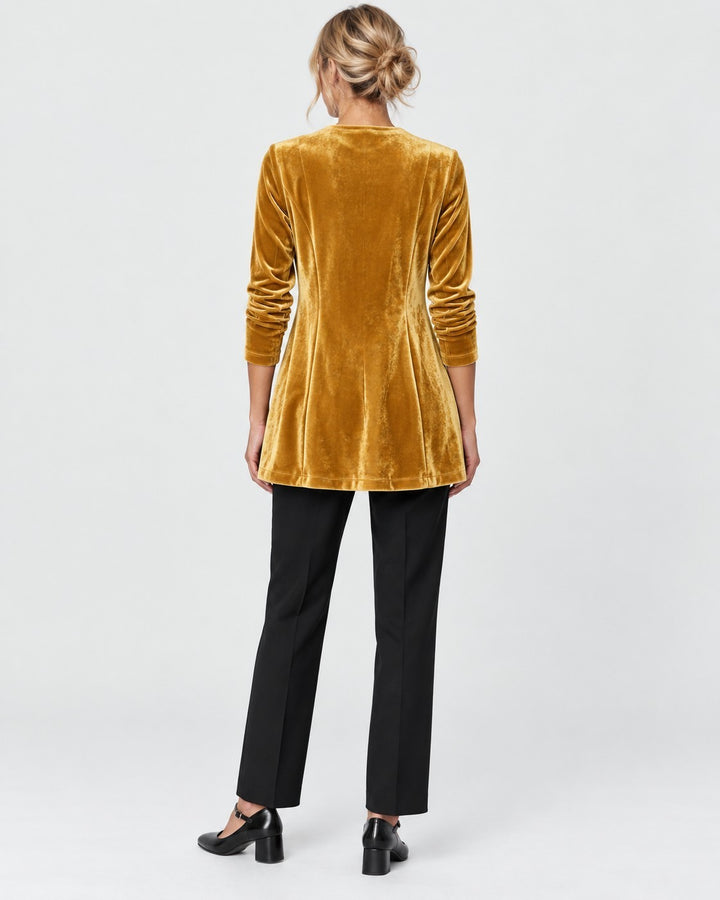 Luna Moda Donatella velvet blazer in mustard yellow, back view, featuring long sleeves and a tailored fit.