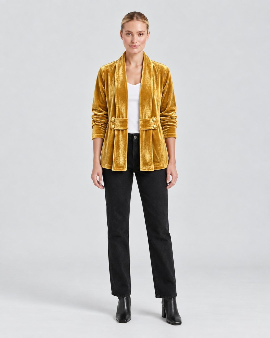 Luna Moda Donatella mustard yellow velvet blazer with open front, long sleeves, and decorative button details.