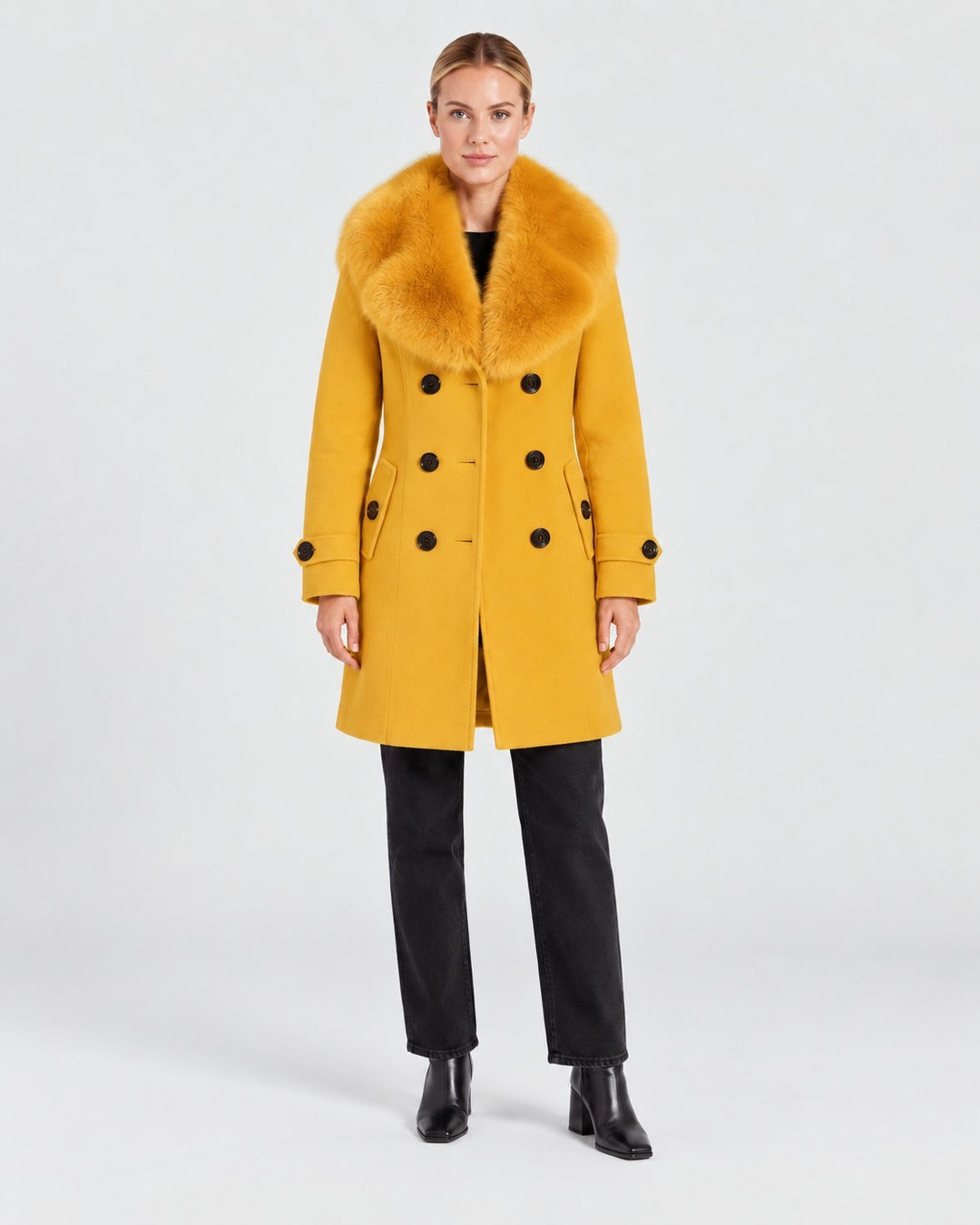 Luna Moda mustard yellow short tailored coat with a faux fur collar worn by a model with black trousers