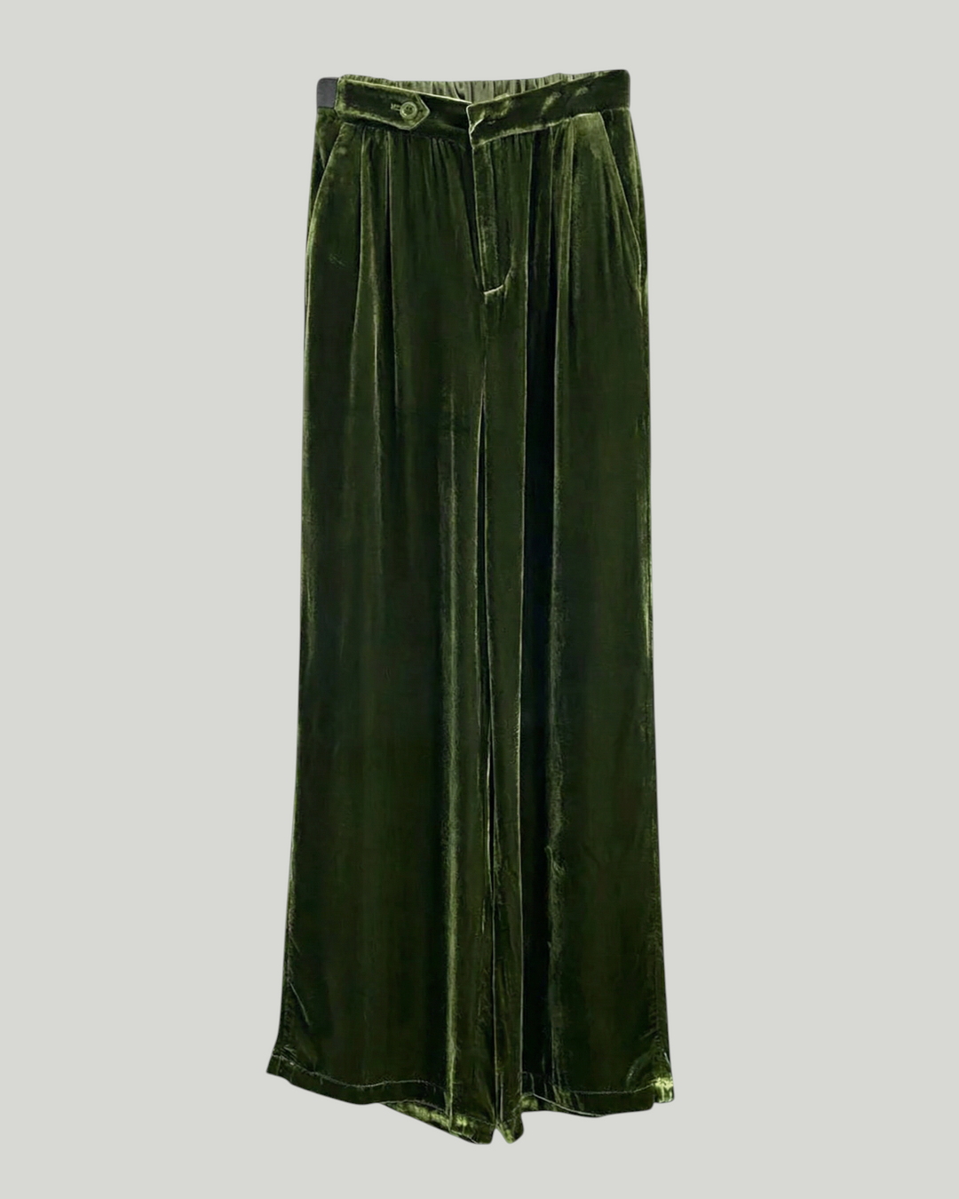 Luna Moda Viviana high-waisted wide-leg trousers in dark green soft velvet with a fluid, elegant drape.