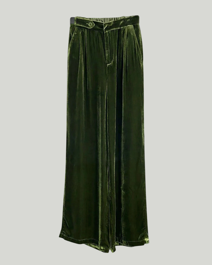 Luna Moda Viviana high-waisted wide-leg trousers in dark green soft velvet with a fluid, elegant drape.