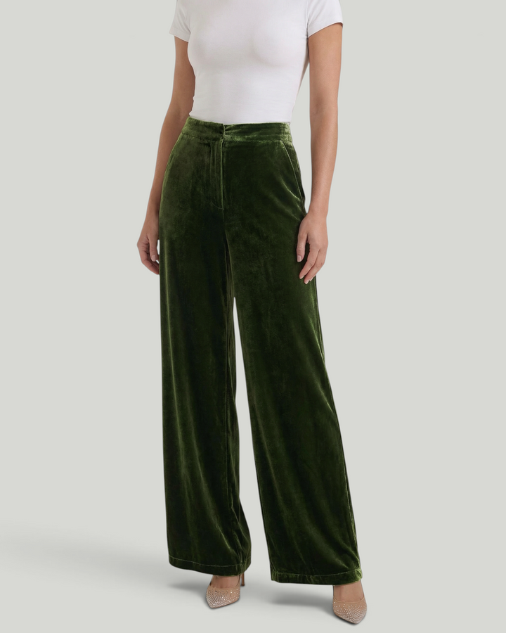 Luna Moda high-waisted wide-leg trousers in forest green soft velvet fabric paired with a white fitted top
