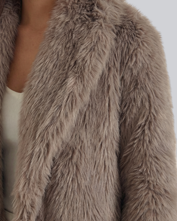 Luna Moda Narcissa long taupe faux fur coat with oversized lapels and soft textured finish