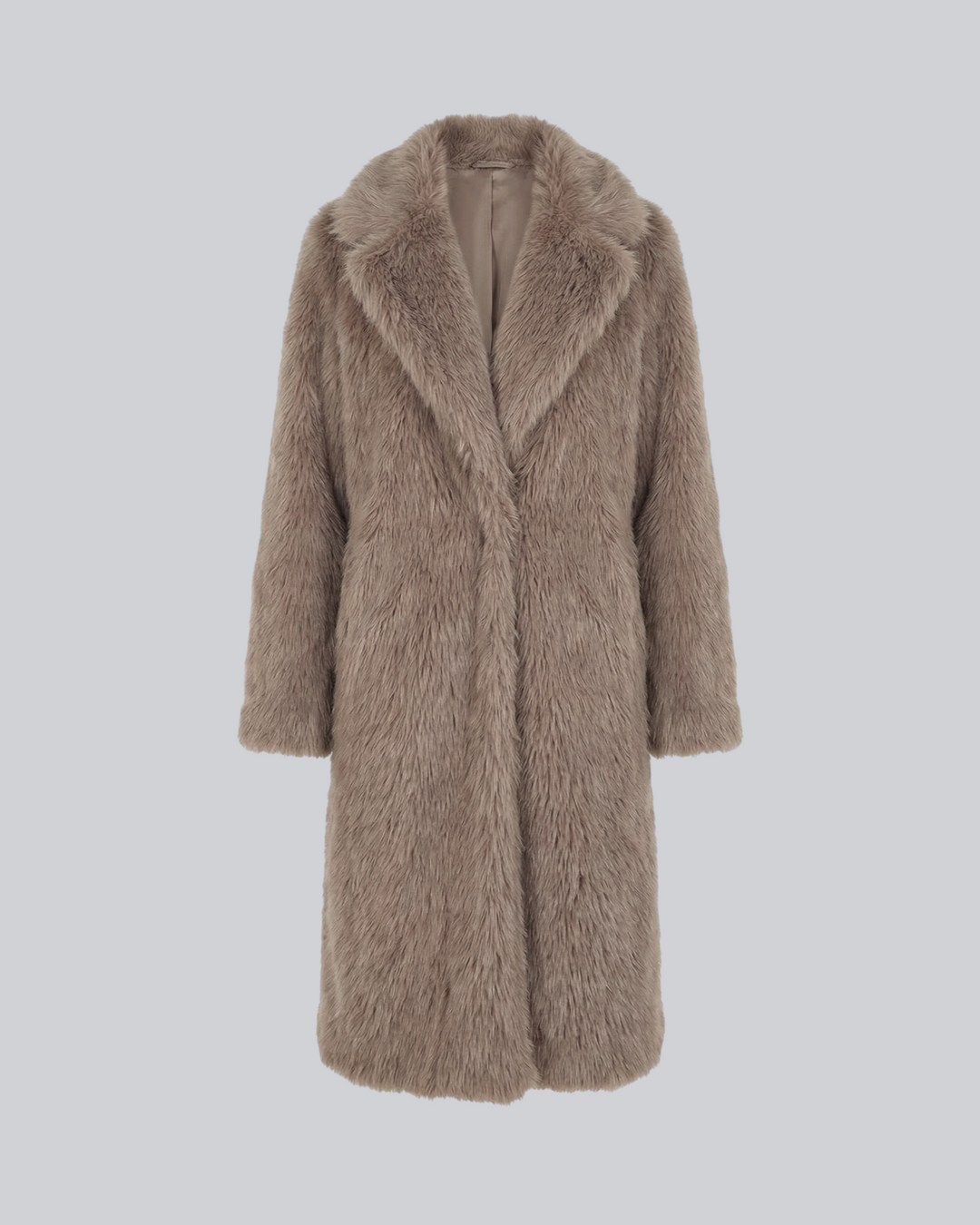Luna Moda Narcissa long taupe faux fur coat with oversized lapels and a minimalist floor-length silhouette.