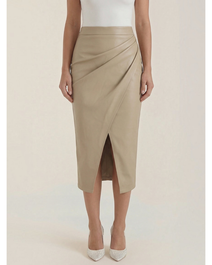 Luna Moda Natalie beige midi skirt featuring elegant front draping and a high front slit for a sophisticated look.