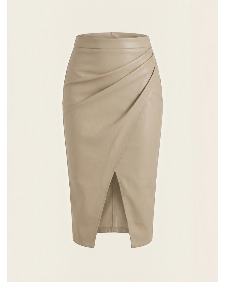 Luna Moda beige midi skirt in faux leather with a draped design and a front slit for a sophisticated silhouette.