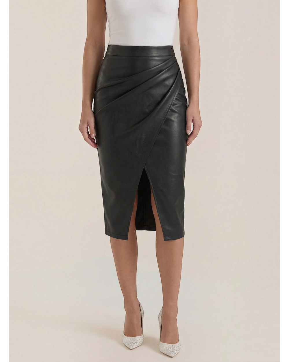 Luna Moda Natalie black faux leather midi skirt with draped front and high slit worn with a white top