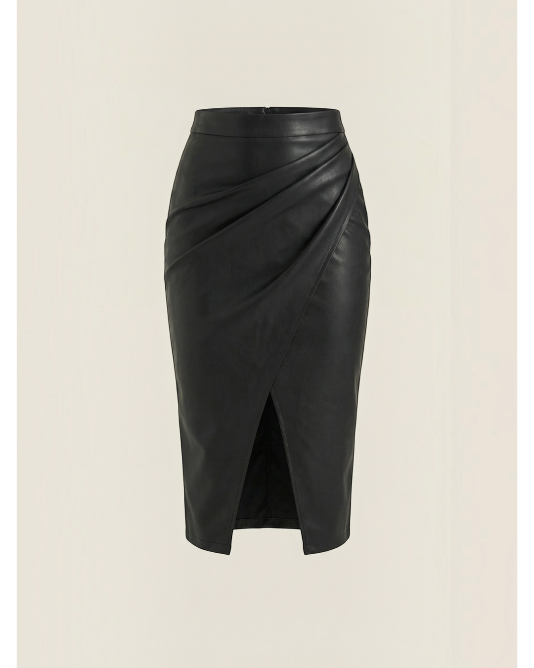 Luna Moda Natalie black faux leather midi skirt with elegant front draping and a central front slit