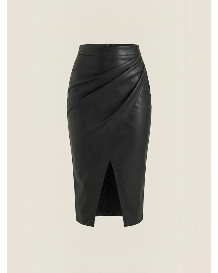 Luna Moda Natalie black faux leather midi skirt with elegant front draping and a central front slit