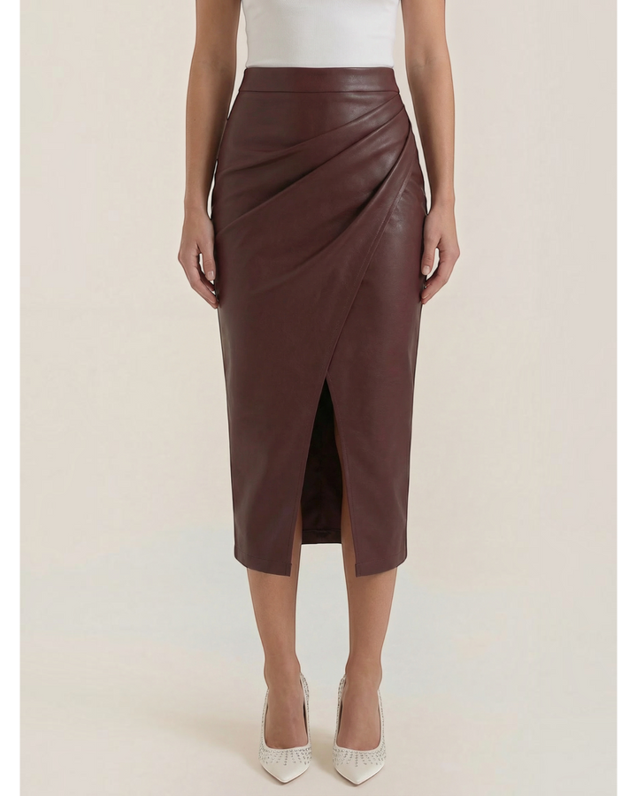 Luna Moda Natalie midi skirt in burgundy faux leather with draped front detail and a central slit.
