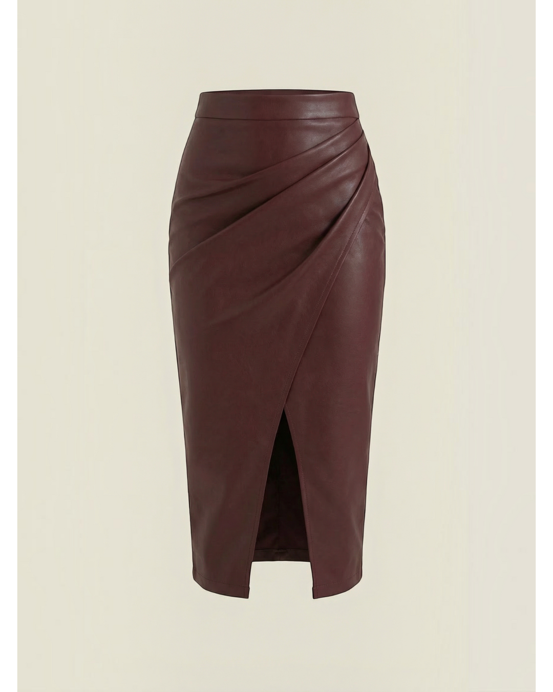 Luna Moda Natalie midi skirt in burgundy faux leather with draped detailing and a front slit.