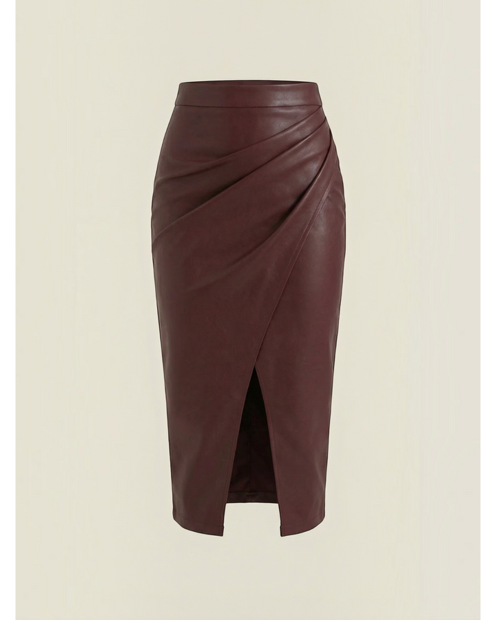 Luna Moda Natalie midi skirt in burgundy faux leather with draped detailing and a front slit.