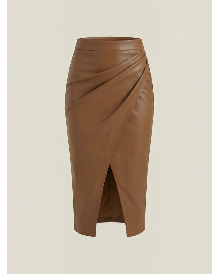 Luna Moda brown faux leather midi skirt featuring elegant front draping and a central slit for a flattering fit.