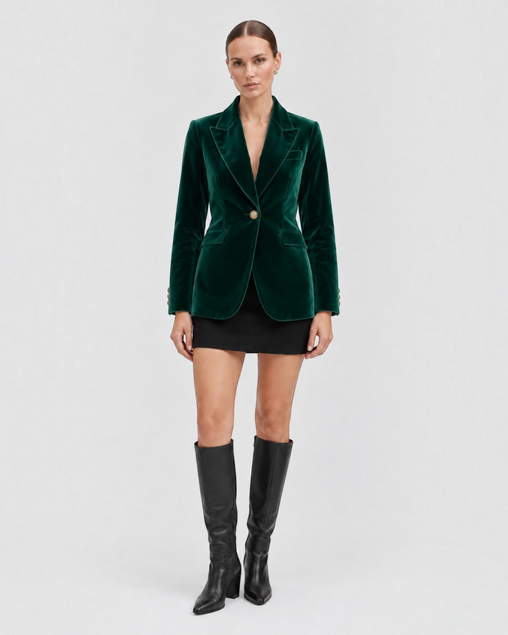 Luna Moda Natálie tailored emerald green velvet blazer worn by a model with a black mini skirt and knee-high boots