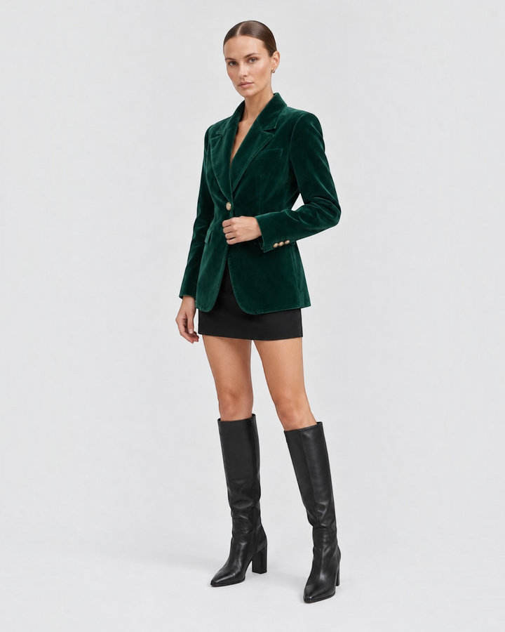 Luna Moda Natálie emerald green velvet blazer with gold buttons worn by a model with a black skirt and knee-high boots