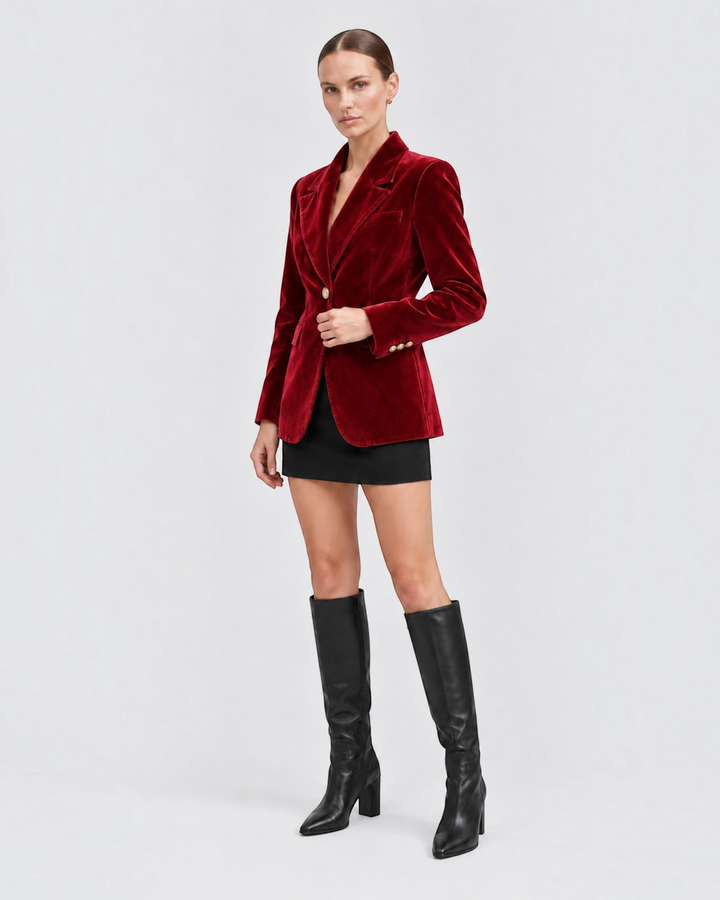 Luna Moda Natálie tailored red velvet blazer worn by a model with a black skirt and knee-high leather boots