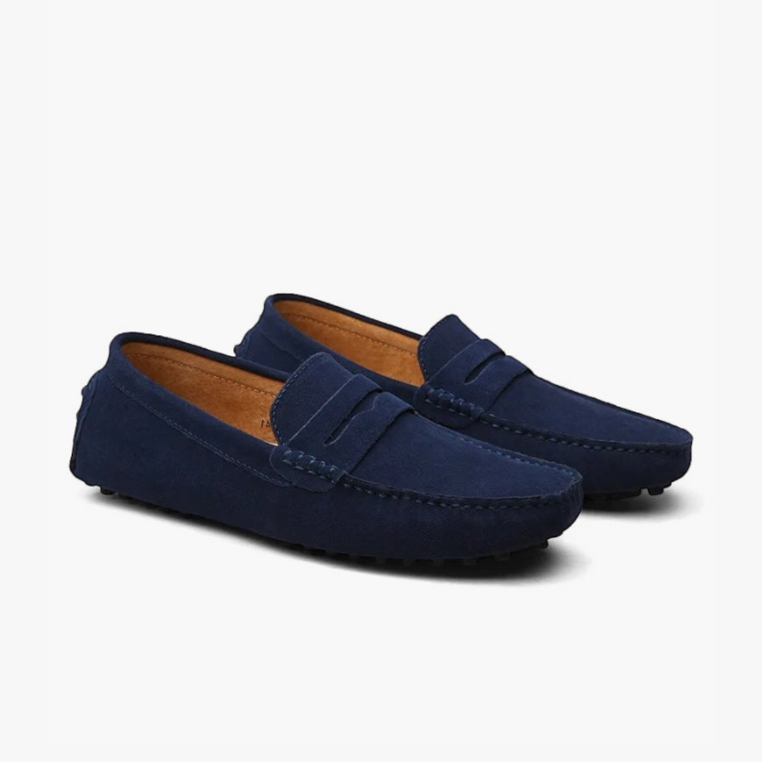 Luna Moda navy blue suede leather loafers with classic penny strap design and comfortable leather insole.