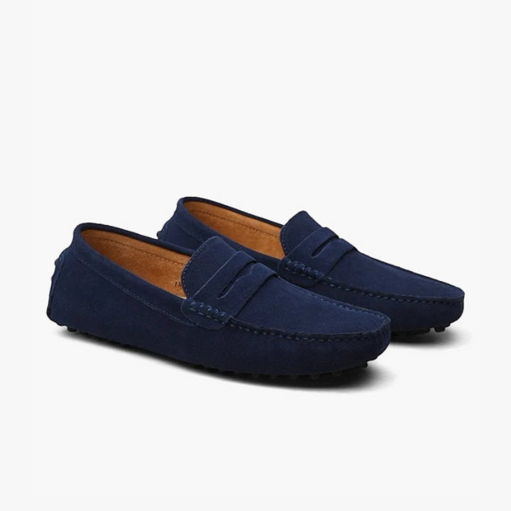 Luna Moda navy blue suede leather loafers with classic penny strap design and comfortable leather insole.