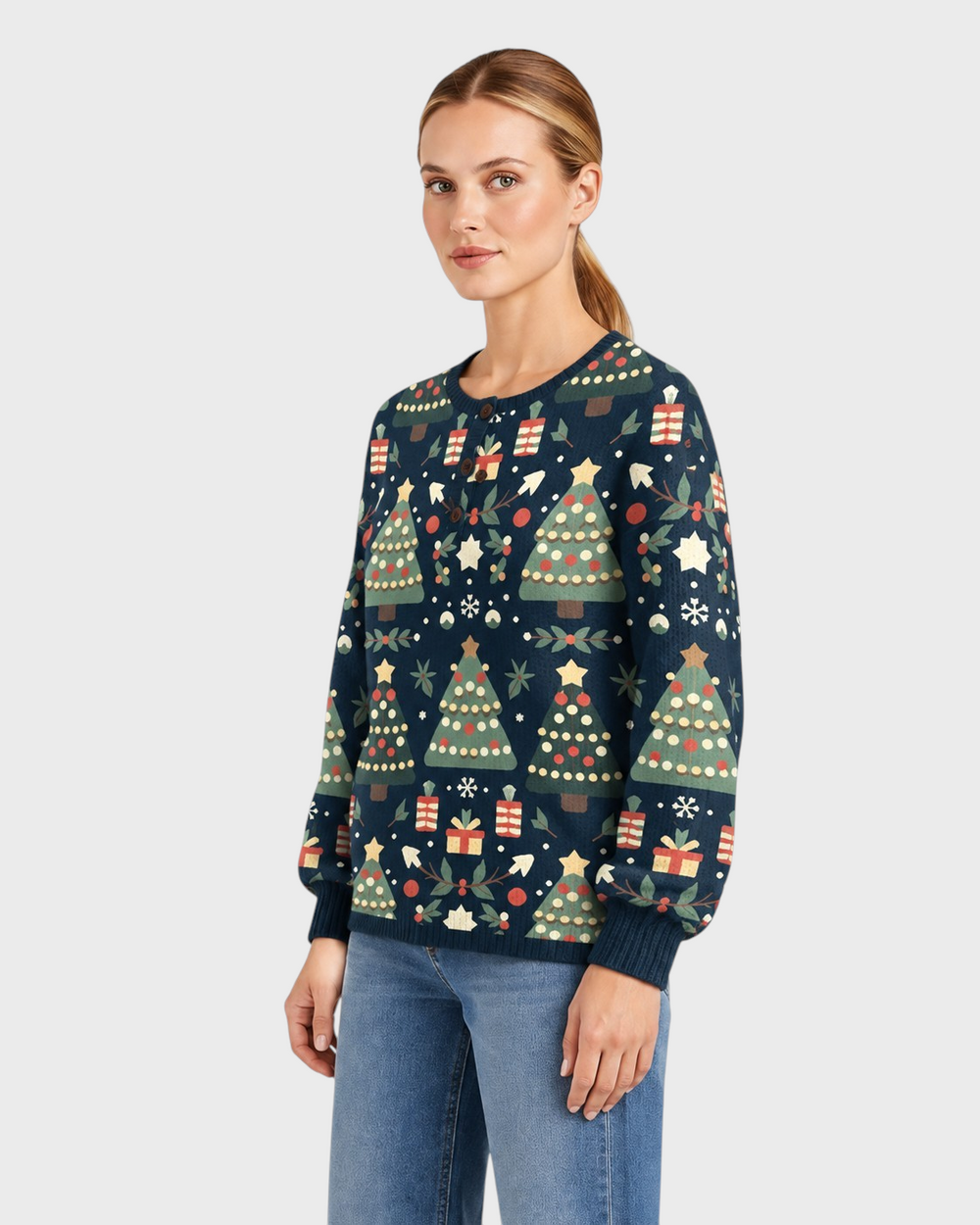 Elettra – Maglia festiva con stampa natalizia in blu navy | Luna Moda