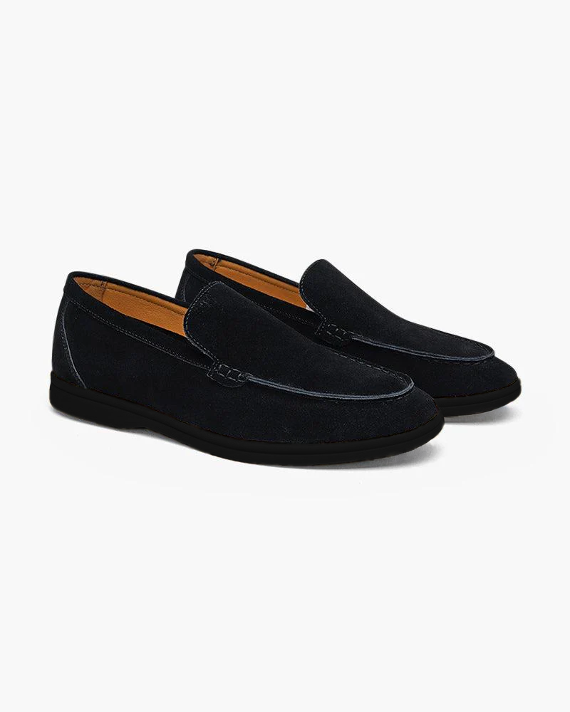 Luna Moda premium navy blue suede slip-on loafers with a contrasting black flexible sole for smart casual wear.
