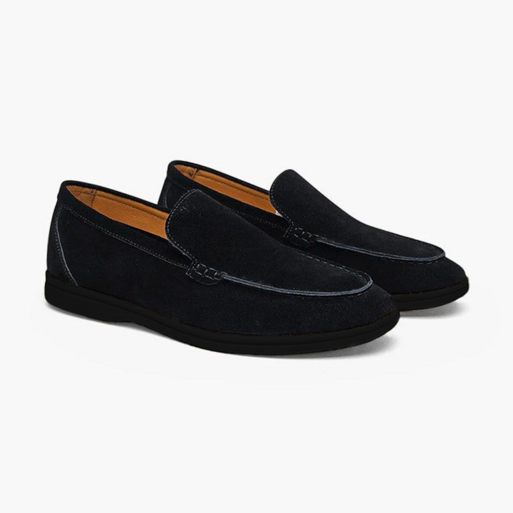 Luna Moda premium navy blue suede slip-on loafers with a contrasting black flexible sole for smart casual wear.