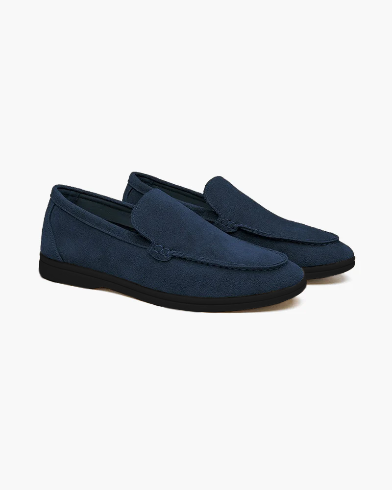 Luna Moda navy blue premium suede loafers with a minimalist slip-on design and a contrasting black rubber sole.