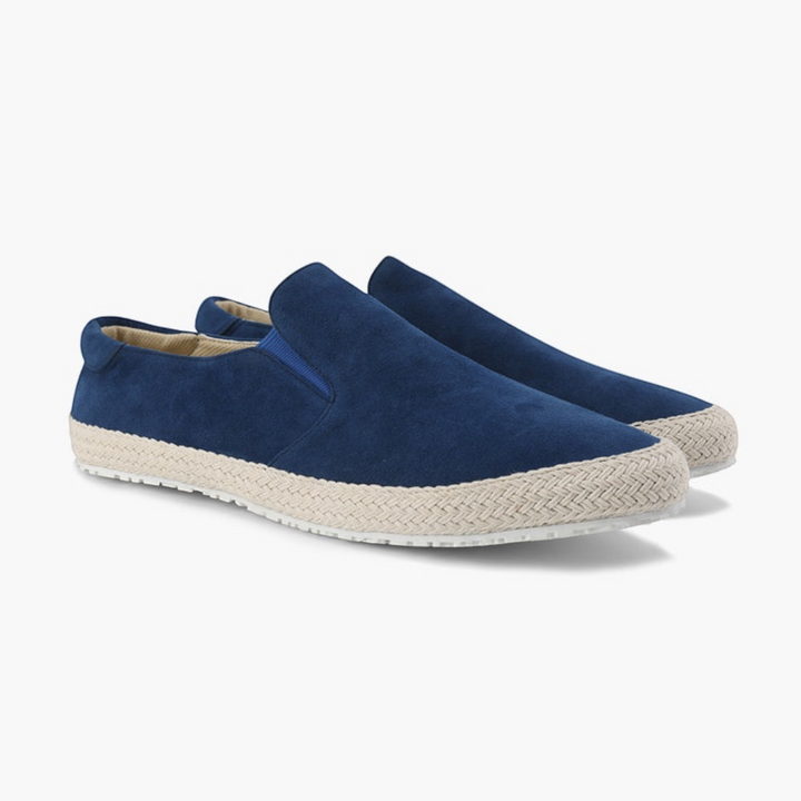 Luna Moda navy blue suede slip-on loafers with a braided jute-style rubber sole and refined stitching.