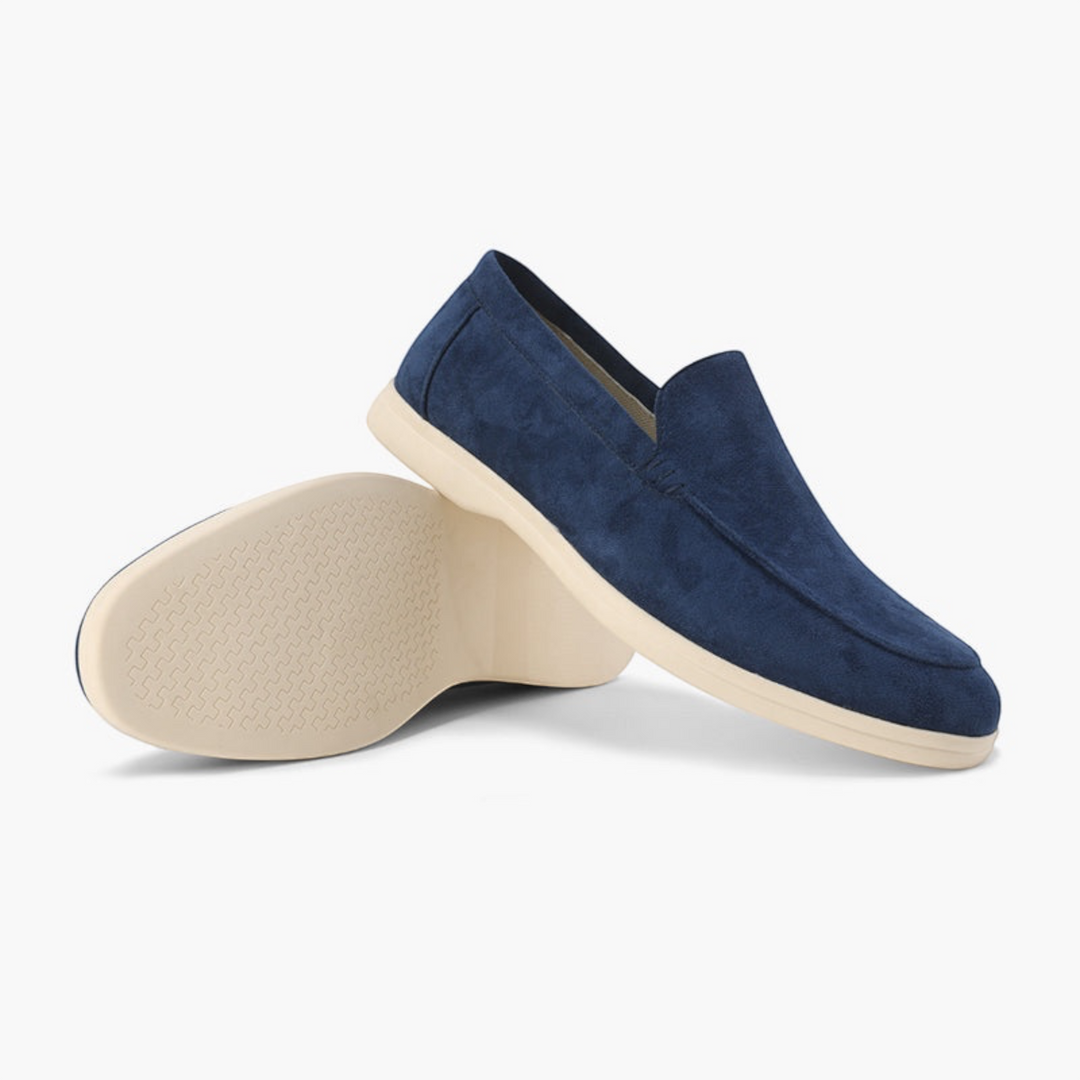 Luna Moda ROMEO navy blue suede loafers with supportive inner sole and textured cream rubber outsole