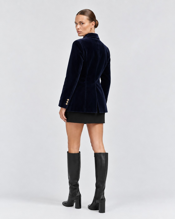 Luna Moda navy blue velvet tailored blazer worn by a model with black skirt and knee-high boots, back view