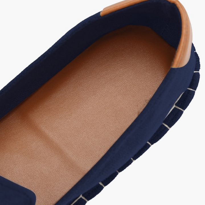 Luna Moda ALAN navy blue wool espadrilles with tan leather heel detail and rope sole, top-down view.