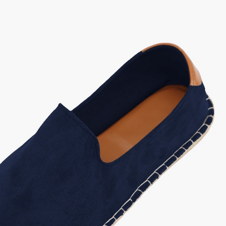 Luna Moda ALAN navy blue wool espadrilles with a tan leather heel detail and traditional rope sole