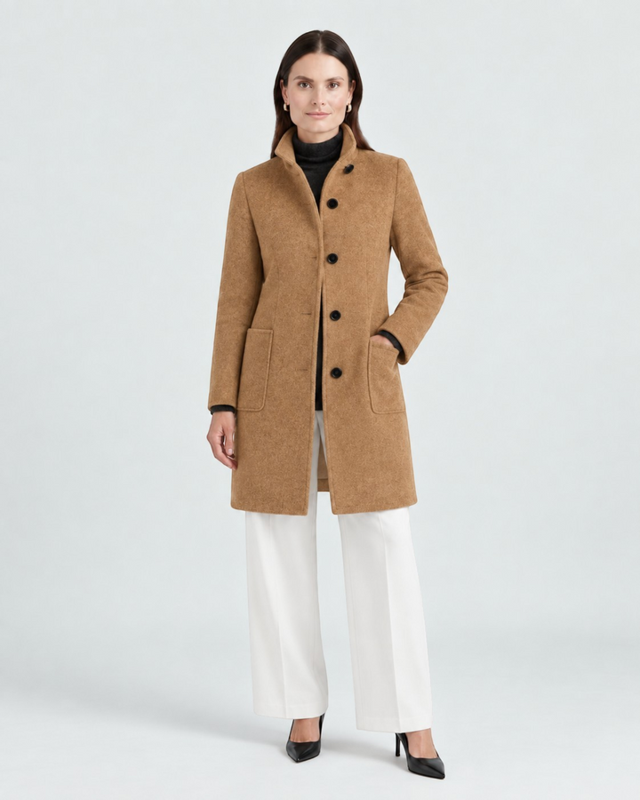 Luna Moda NELLA camel high-neck wool-blend coat worn by a model with white trousers and black heels