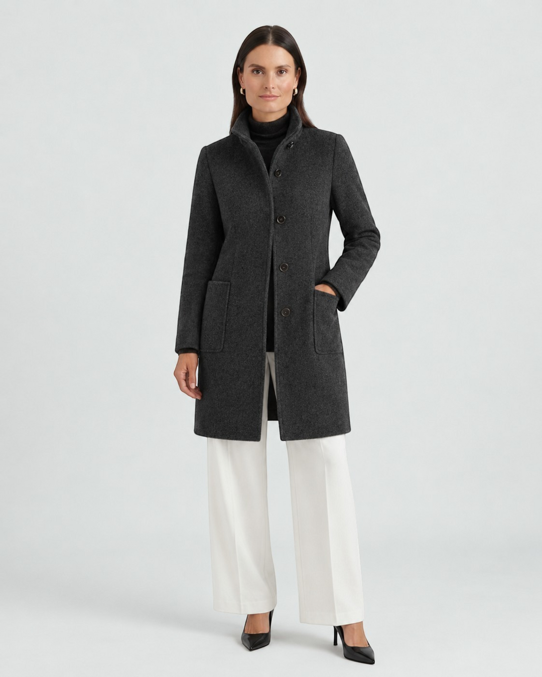 Luna Moda NELLA charcoal grey high-neck wool coat with button closure and front pockets worn by a model