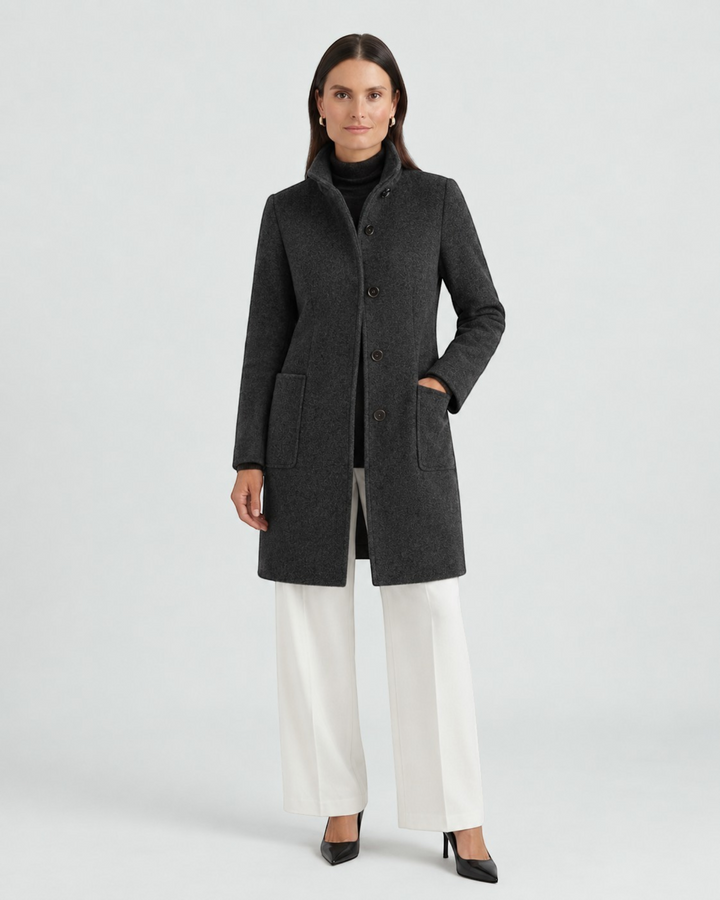 Luna Moda NELLA charcoal grey high-neck wool coat with button closure and front pockets worn by a model