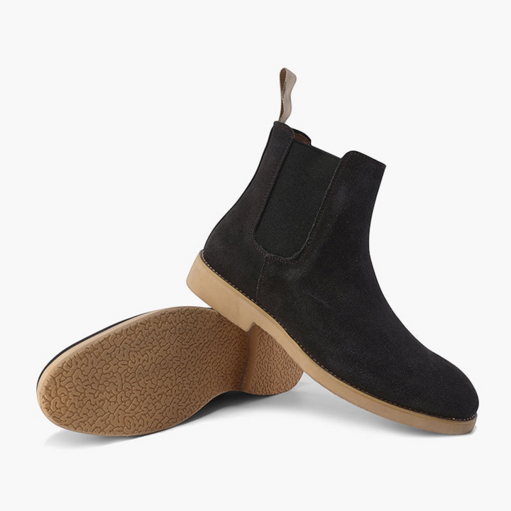 Luna Moda Nicholas black suede slip-on Chelsea boots with a textured tan leather sole