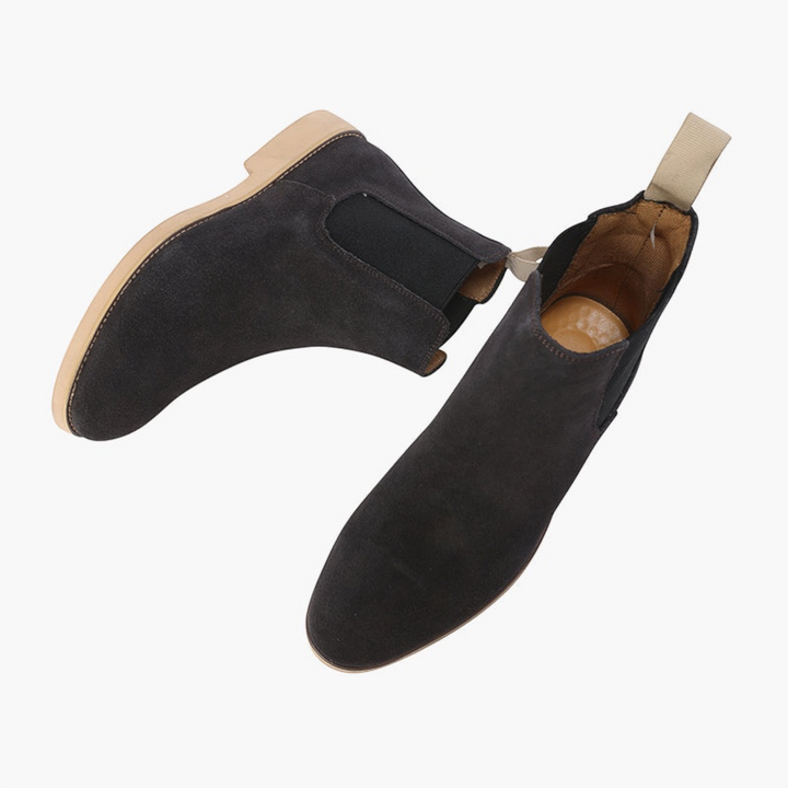 Luna Moda NICHOLAS dark grey suede slip-on chelsea boots with leather soles and pull tabs.