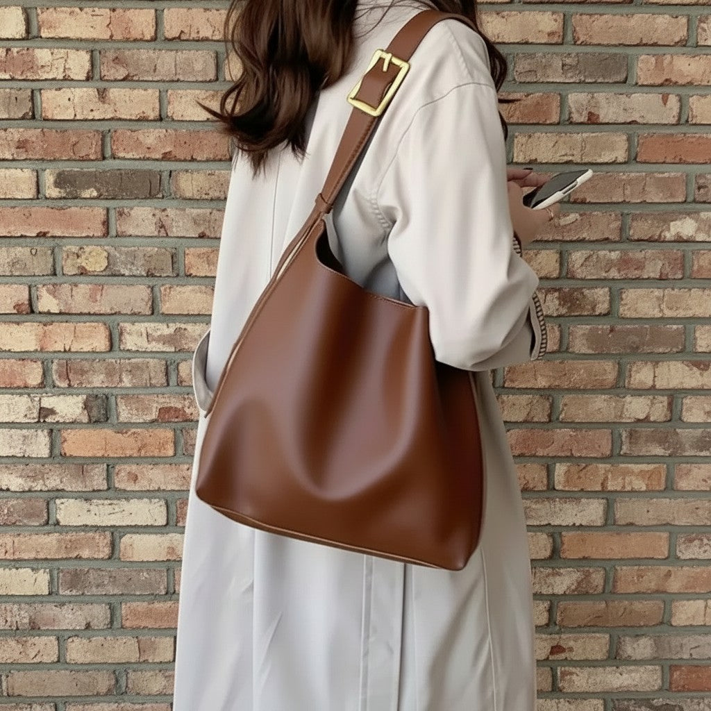 Luna Moda Nicoletta brown faux leather shoulder bag with a wide strap and gold buckle worn by a woman